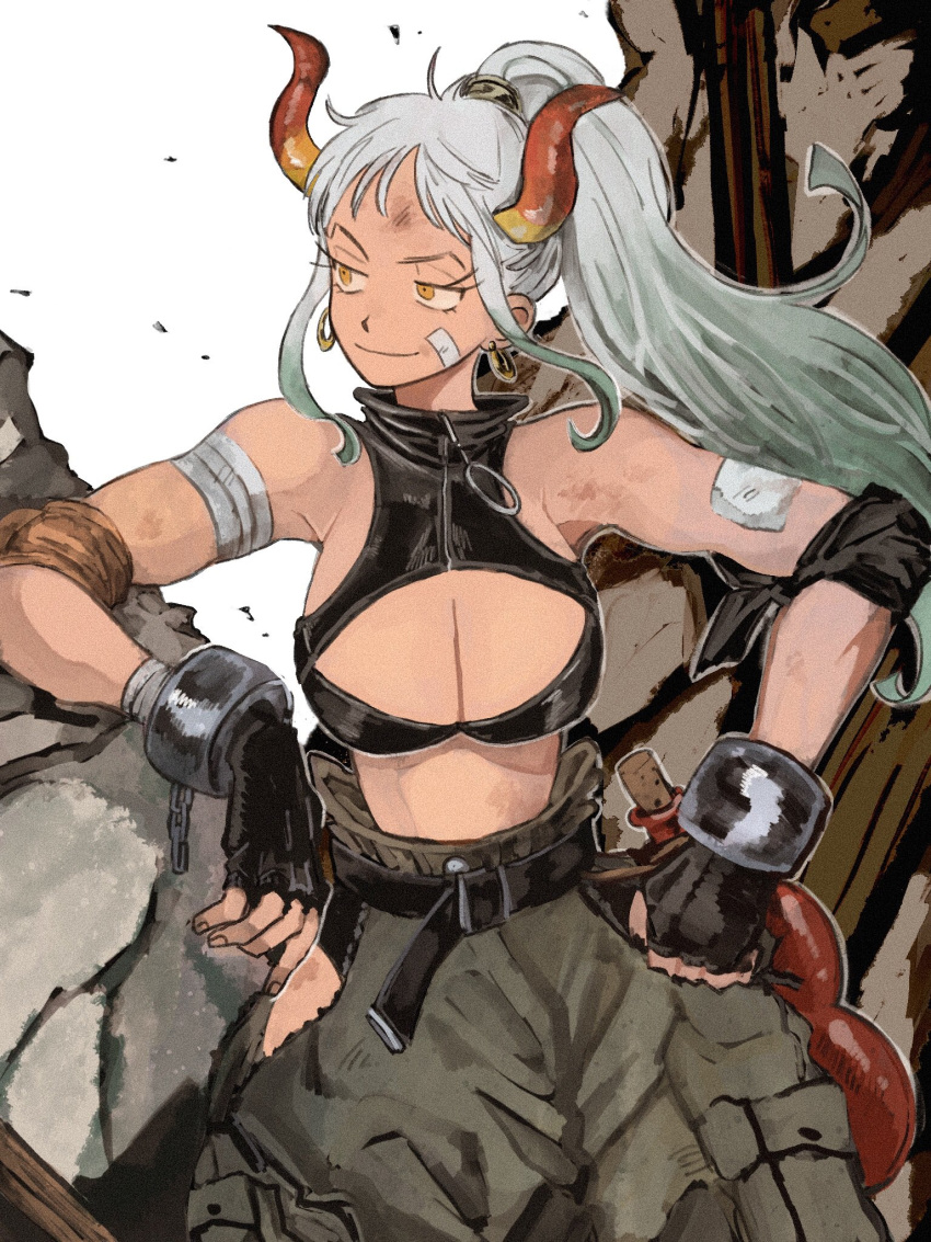 1girl bandaged_arm bandages bandaid bandaid_on_arm breasts cargo_pants cleavage cleavage_cutout clothing_cutout commentary cuffs curled_horns earrings elbow_pads fingerless_gloves gloves gourd highres horns jewelry large_breasts long_hair makenevemoiine midriff multicolored_horns one_piece oni orange_horns pants ponytail red_horns shackles shirt sidelocks silver_hair sleeveless sleeveless_shirt smile solo yamato_(one_piece) yellow_horns