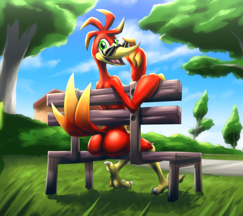 2022 4_fingers anthro avian banjo-kazooie bassybefuddle beak big_butt bird_feet black_eyewear black_pupils black_sunglasses breegull butt claws eyebrows eyewear eyewear_only feather_hands feathers female fingerless_(marking) fingers grass green_eyes hi_res kazooie looking_at_viewer looking_back nude orange_body orange_feathers outside park_bench plant public public_nudity pupils raised_eyebrow rareware rear_view red_body red_feathers sitting smile smirk solo sunglasses sunglasses_only tail_feathers talons toe_claws tree video_games white_claws yellow_beak yellow_body yellow_feathers