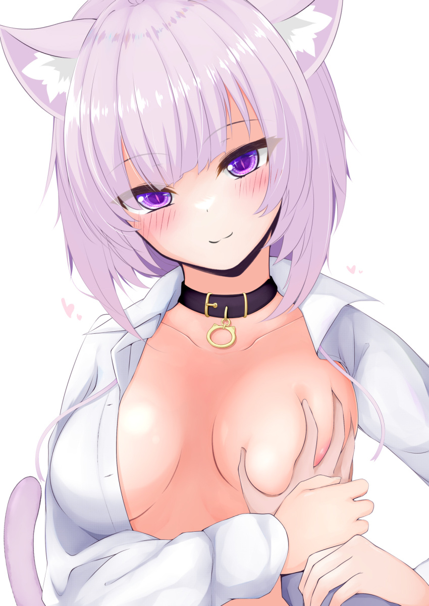 1girl animal_collar animal_ear_fluff animal_ears bakko bangs blush breast_grab breasts cat_ears cat_girl cat_tail closed_mouth collar commentary_request eyebrows_visible_through_hair grabbing guided_breast_grab head_tilt heart highres hololive large_breasts long_sleeves looking_at_viewer nekomata_okayu open_clothes open_shirt pov pov_hands purple_eyes purple_hair shirt short_hair simple_background smile tail upper_body virtual_youtuber white_background white_shirt
