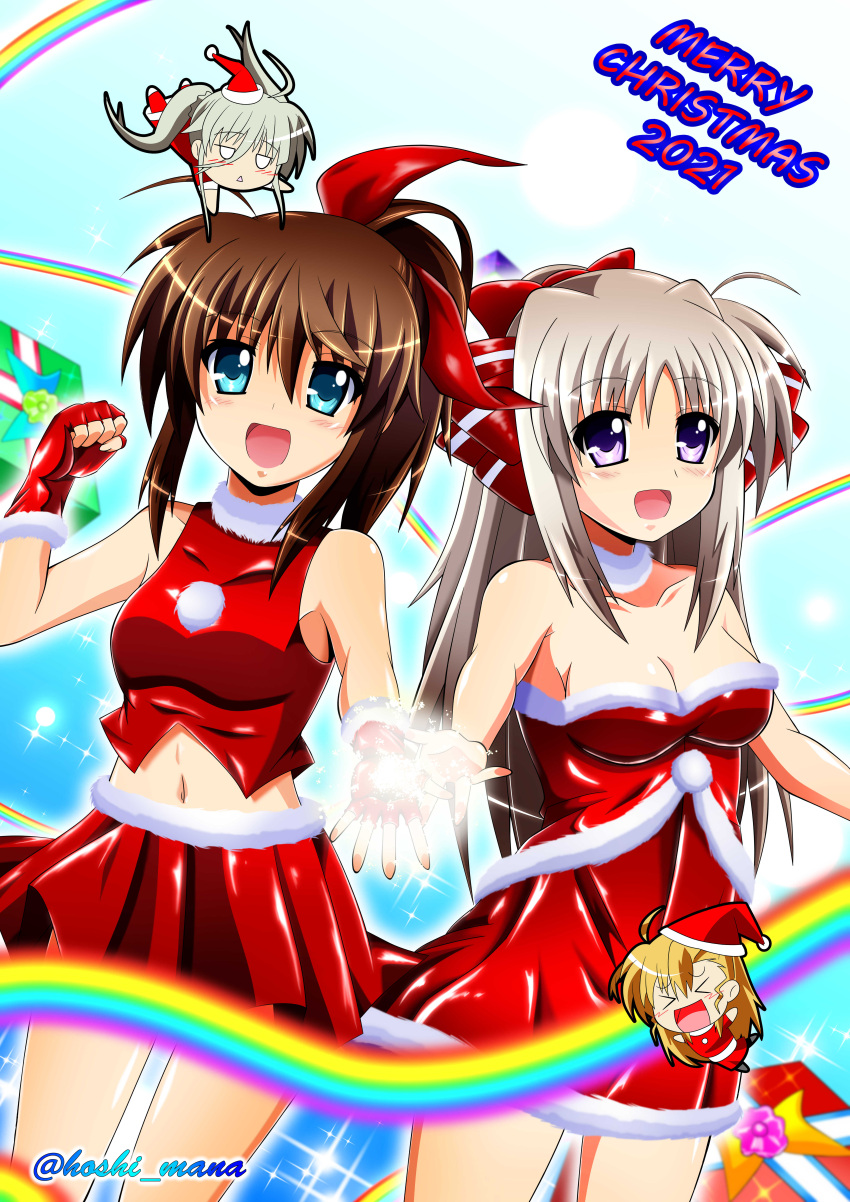 &gt;_&lt; 2021 4girls :d absurdres aqua_eyes bangs bare_shoulders blonde_hair bow breasts brown_hair chibi christmas clenched_hand commentary_request dress dutch_angle einhart_stratos english_text fingerless_gloves floating fur-trimmed_dress fur-trimmed_shirt fur-trimmed_skirt fur_collar fur_trim fuuka_reventon gift gloves green_hair grey_hair hat highres jitome long_hair looking_at_viewer lyrical_nanoha mahou_shoujo_lyrical_nanoha medium_breasts medium_hair merry_christmas midriff minigirl miniskirt multiple_girls navel open_mouth partial_commentary pleated_skirt purple_eyes rainbow rappasan05 red_bow red_gloves red_headwear red_shirt rinne_berlinetta santa_costume santa_dress santa_gloves santa_hat shirt short_dress side-by-side sidelocks skirt smile sparkle standing strapless strapless_dress twintails twitter_username vivid_strike! vivio