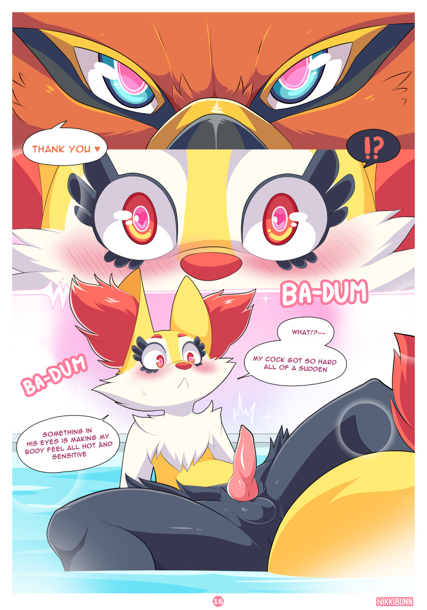 &lt;3 &lt;3_eyes absurd_res anthro ari_the_talonflame aroused avian balls bath bathing bedroom_eyes bird blush braixen canid canine chest_tuft comic dialogue duo ear_tuft ellie_the_braixen english_text erection fluffy fluffy_tail fox genitals girly heartbeat hi_res horny_(disambiguation) knot looking_at_another male male/male mammal narrowed_eyes nikkibunn nintendo penis pok&eacute;mon pok&eacute;mon_(species) seductive spread_legs spreading talonflame text tuft video_games water