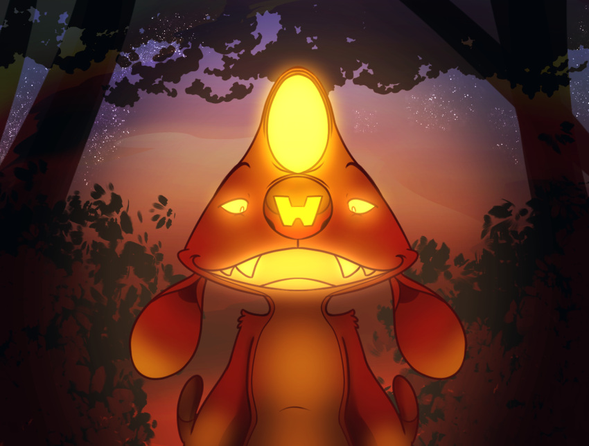 2021 alien disney experiment_(lilo_and_stitch) front_view fur glowing glowing_eyes glowing_mouth heat_(lilo_and_stitch) lilo_and_stitch looking_at_viewer night nose_marking open_mouth open_smile orange_body orange_fur plant salty_nebula sharp_teeth smile smiling_at_viewer solo teeth tree