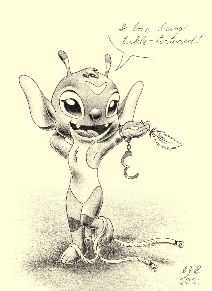 2021 3_toes 4_fingers absurd_res alien antennae_(anatomy) anthro arm_markings biped bonnie_(lilo_and_stitch) by chest_tuft cuff_(restraint) cursive dialogue disney english_text europeandragon experiment_(lilo_and_stitch) eyelashes facial_markings feathers feet female fingers forehead_markings fur hand_behind_head handcuffs head_markings head_tuft hi_res holding_feather holding_object leg_markings lilo_and_stitch markings metal_cuffs multicolored_antennae open_mouth open_smile restraints rope signature simple_background smile solo text toes traditional_media_(artwork) tuft yellow_background