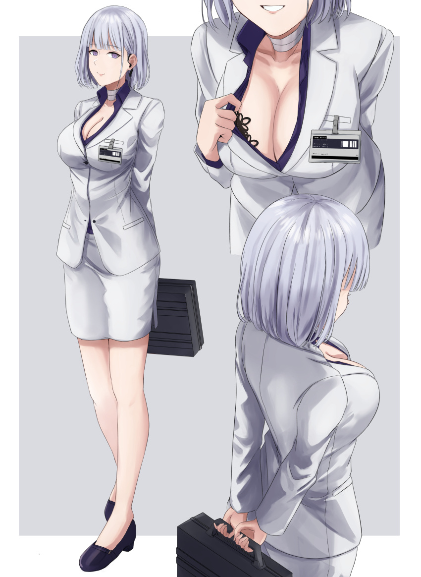 1girl black_bra black_footwear bra breasts business_suit cleavage cyka formal girls'_frontline grey_skirt grey_suit highres large_breasts miniskirt multiple_views office_lady pencil_skirt purple_eyes rpk-16_(girls'_frontline) short_hair silver_hair skirt skirt_suit suit underwear