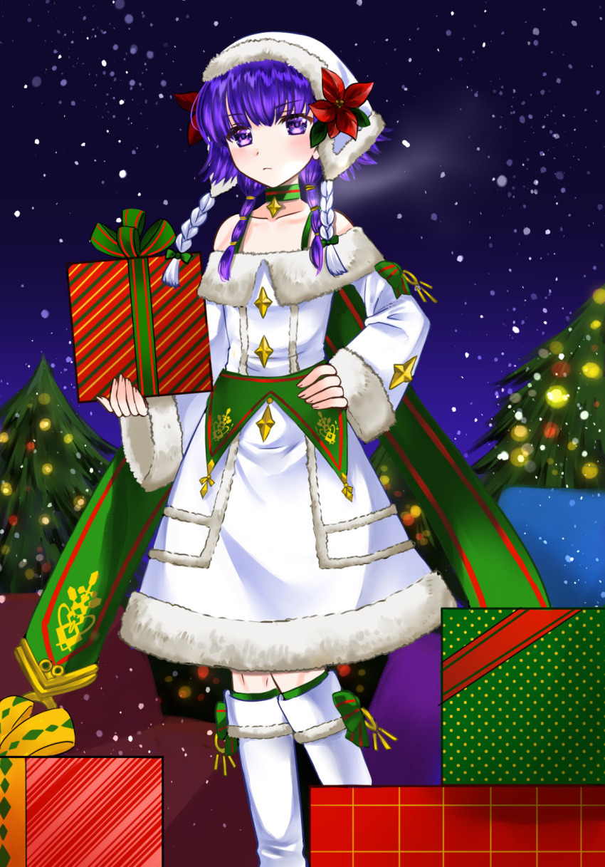 1girl 74 bare_shoulders blush boots box braid collarbone dress fire_emblem fire_emblem:_the_sacred_stones fire_emblem_heroes flower fur_trim gift gift_box green_legwear hand_on_hip hat highres holding holding_box holding_gift knee_boots long_sleeves looking_at_viewer lute_(fire_emblem) night night_sky official_alternate_costume purple_eyes purple_hair short_hair sky solo star_(sky) starry_sky twin_braids twintails white_dress white_footwear