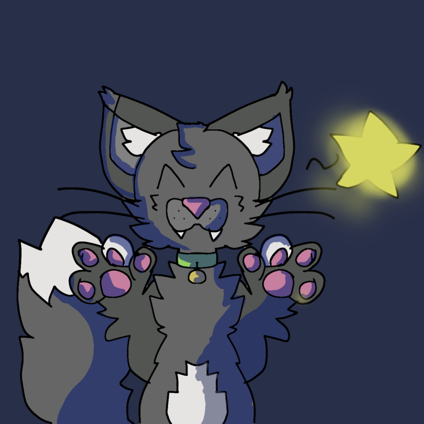 4_fingers anthro closed_mouth collar domestic_cat echo_(staryfang) eyes_closed fangs felid feline felis fingers fox_tail fur glowing hair happy hi_res ibispaintx male mammal multicolored_body multicolored_fur simple_background smile solo star staryfang young