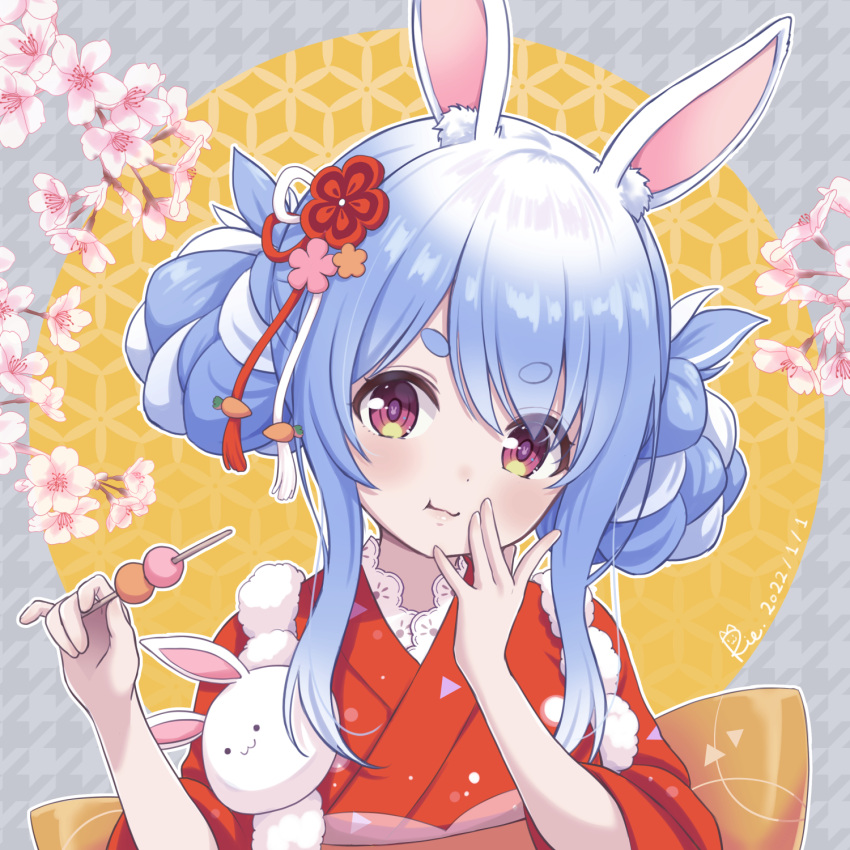 1girl :t animal_ear_fluff animal_ears blue_hair braid closed_mouth commentary_request dated double_bun eating eyebrows_visible_through_hair hands_up highres hololive japanese_clothes kimono long_sleeves mochi multicolored_hair necocafe_lili obi rabbit_ears red_eyes red_kimono sash short_eyebrows sidelocks signature solo thick_eyebrows two-tone_hair upper_body usada_pekora virtual_youtuber wavy_mouth white_hair