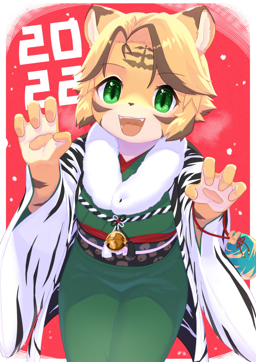 2022 4_fingers 848siba absurd_res anthro asian_clothing blonde_hair brown_body brown_fur brown_hair chinese_zodiac claw_pose clothed clothing east_asian_clothing facial_markings fangs felid female fingers fur green_eyes hair happy head_markings hi_res holidays japanese_clothing kemono looking_at_viewer mammal markings multicolored_body multicolored_ears multicolored_fur multicolored_hair new_year new_year_2022 open_mouth pantherine pawpads portrait short_hair slit solo teeth text three-quarter_portrait tiger tongue white_body white_fur year_of_the_tiger yellow_body yellow_fur