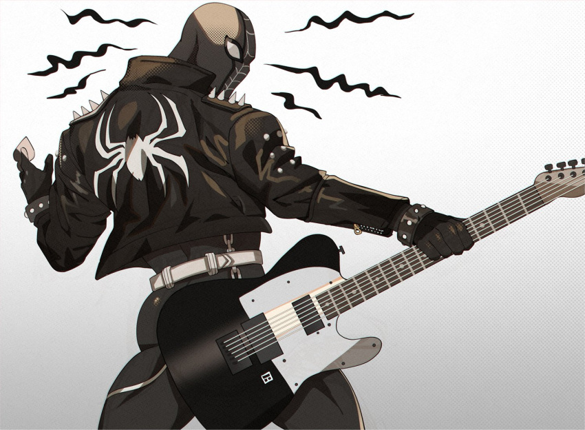 1boy animal_print ass belt bodystocking bodysuit collar cowboy_shot english_commentary gradient gradient_background guitar holding holding_instrument instrument jacket leather leather_jacket legs_apart looking_back male_focus marvel muscular muscular_male solo spider-man spider-man:_into_the_spider-verse spider-man_(series) spider-punk spider_print spiked_collar spiked_jacket spikes thick_thighs thighs vulpetrope zipper