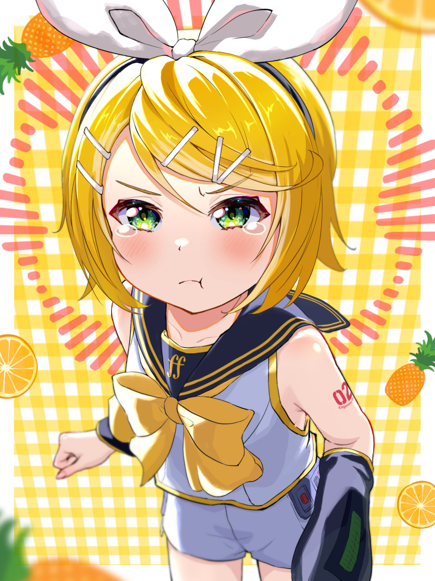 :t arm_warmers bare_shoulders black_collar blurry blurry_background blush bow bowtie clenched_hand collar collarbone collared_shirt depth_of_field food foreshortening fortissimo from_above fruit green_eyes hair_bow highres kagamine_rin kagamine_rin_(vocaloid4) kurohanesawa looking_at_viewer orange_(fruit) orange_background orange_slice pineapple pout shirt shorts shoulder_tattoo sleeveless sleeveless_shirt tattoo tearing_up tears v-shaped_eyebrows v4x vocaloid white_bow white_shirt white_shorts yellow_bow yellow_bowtie