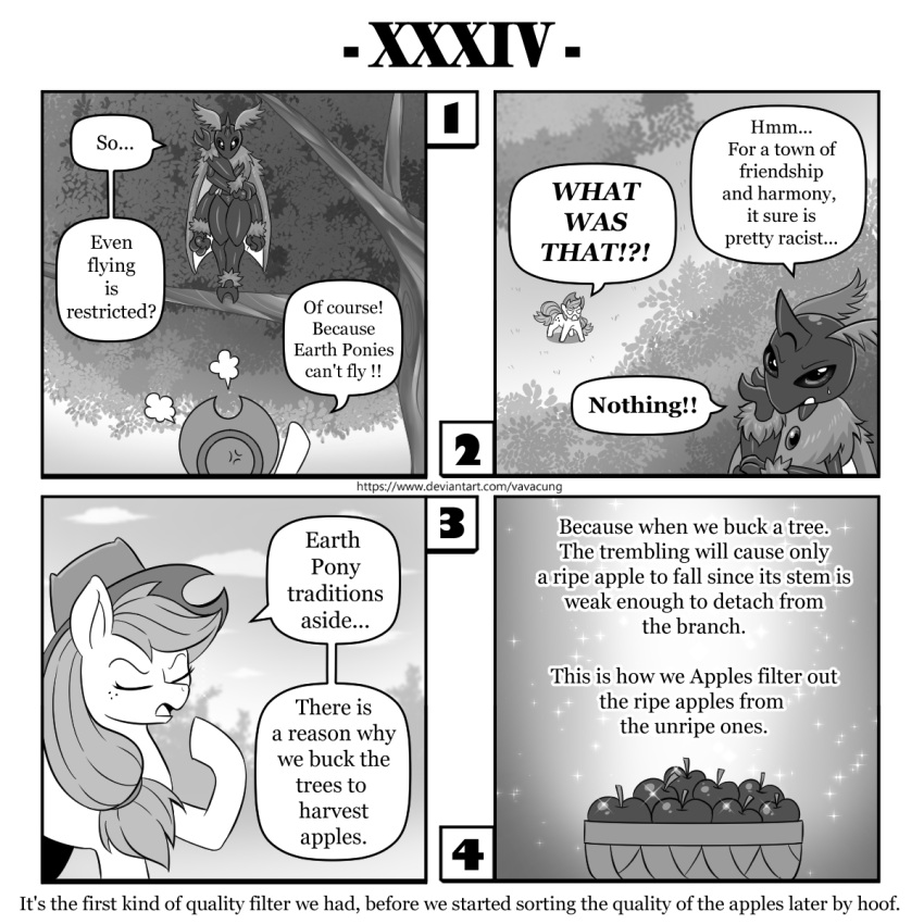 alternate_species antennae_(anatomy) apple applejack_(mlp) arthropod basket changeling clothing comic container cowboy_hat dialogue english_text equid equine freckles friendship_is_magic hasbro hat headgear headwear hi_res horse insect lepidopteran mammal monochrome moth my_little_pony pony text vavacung