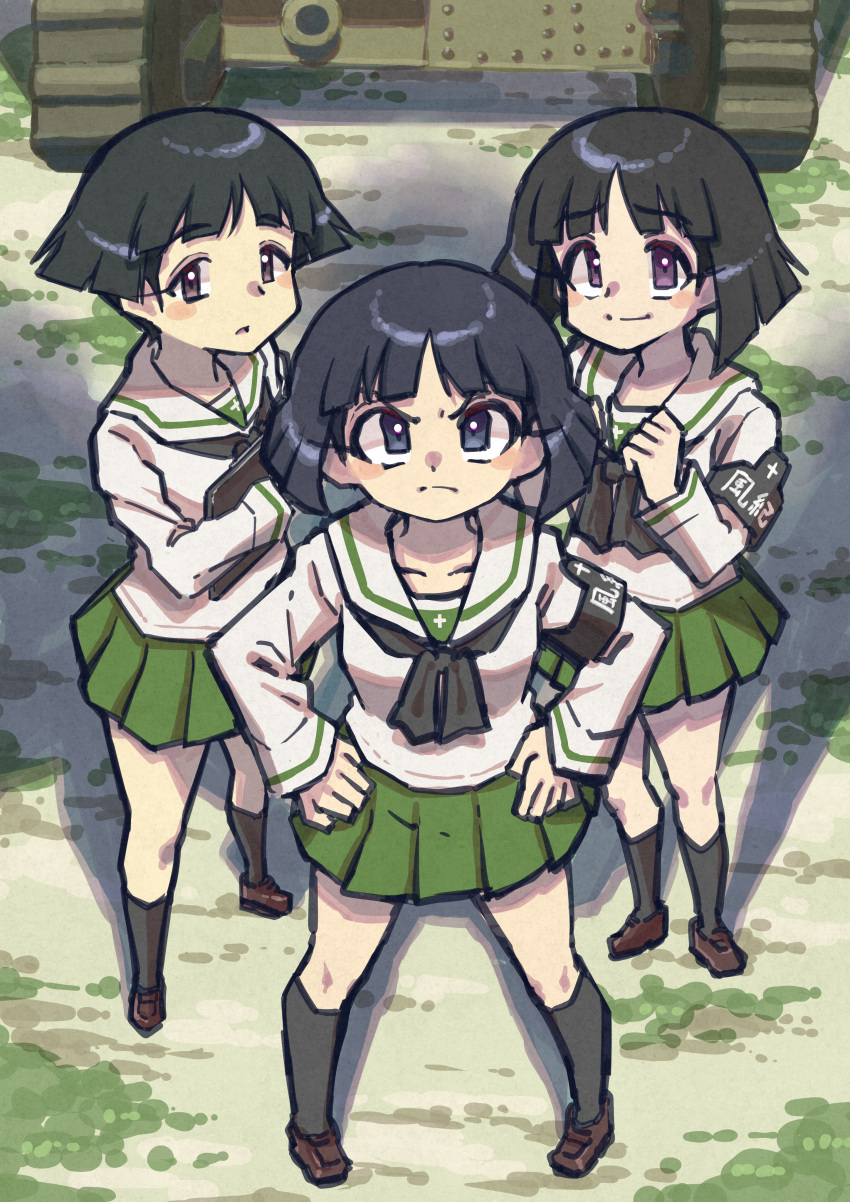 3girls absurdres armband bangs black_eyes black_hair black_legwear black_neckerchief blouse blunt_bangs blunt_ends bob_cut brown_footwear char_b1 closed_mouth commentary day eyebrows_visible_through_hair frown girls_und_panzer gotou_moyoko green_skirt ground_vehicle hands_on_hips highres konparu_nozomi long_sleeves looking_at_viewer medium_hair military military_vehicle miniskirt motor_vehicle multiple_girls nakachiruno neckerchief ooarai_school_uniform outdoors parted_lips pleated_skirt sailor_collar school_uniform serafuku shoes short_hair skirt smile socks sono_midoriko standing tank white_blouse white_sailor_collar