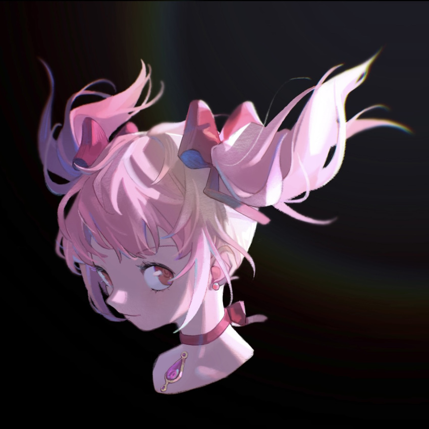 1girl backlighting black_background choker closed_mouth collarbone cropped_shoulders earrings eyebrows_visible_through_hair eyelashes face floating_hair hair_ribbon isansia jewelry kaname_madoka light_smile mahou_shoujo_madoka_magica pink_eyes pink_ribbon red_ribbon ribbon ribbon_choker short_twintails sidelocks sideways_glance simple_background solo soul_gem stud_earrings tareme twintails upper_body