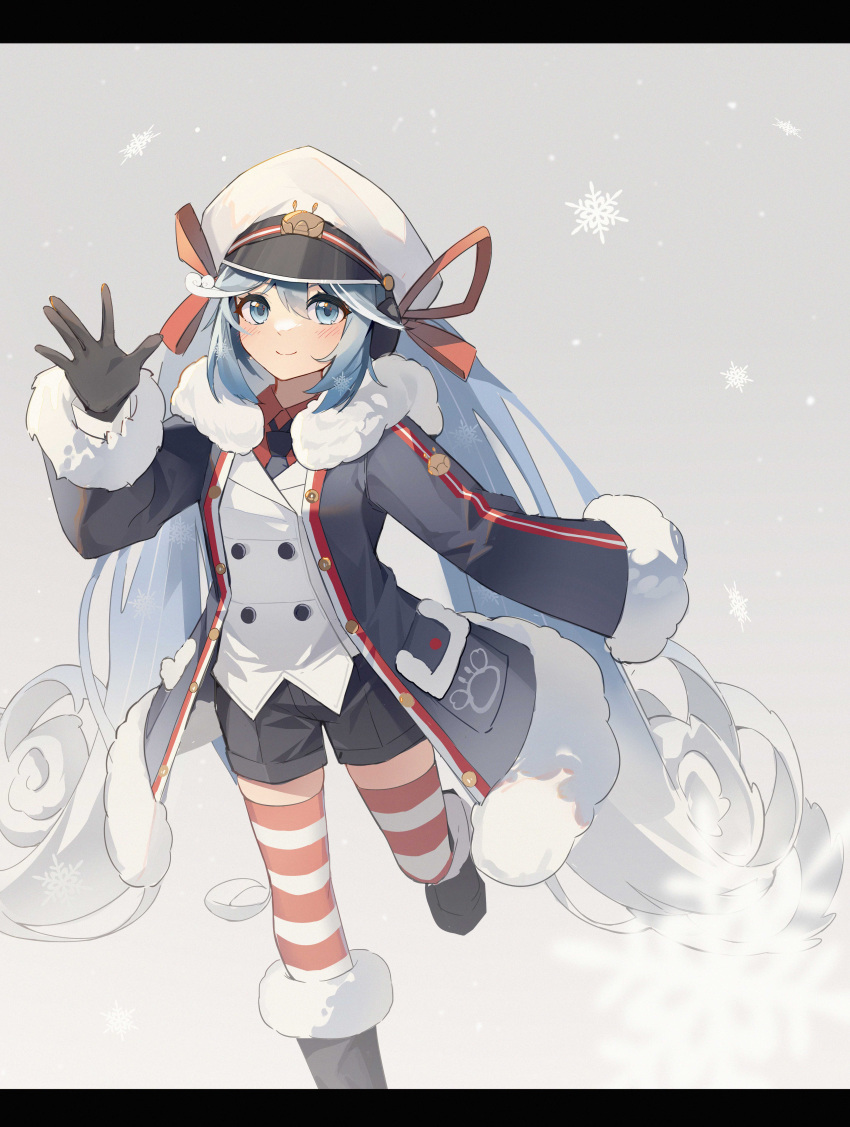 1girl absurdres black_coat black_footwear black_gloves black_necktie black_shorts blue_eyes blue_hair blurry blurry_foreground boots buttons chinese_commentary coat commentary crab_print double-breasted fur-trimmed_boots fur-trimmed_coat fur_trim gloves hair_ribbon hat hatsune_miku headphones highres jacket kankou_tokudou long_hair looking_at_viewer military military_uniform naval_uniform necktie peaked_cap red_legwear red_ribbon red_shirt ribbon running shirt shorts smile snowflakes snowing solo standing striped striped_legwear thighhighs twintails uniform very_long_hair vocaloid waving wavy_hair white_headwear white_jacket yuki_miku yuki_miku_(2022)