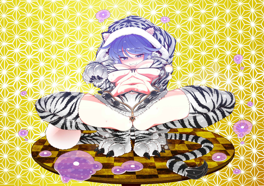 1girl 2022 :3 animal_ears animal_hands animal_print arm_support bangs blob blue_eyes blue_hair blush breasts breasts_apart claws commentary_request doremy_sweet dream_soul fake_animal_ears fur_trim highres looking_at_viewer m_legs medium_breasts navel nengajou new_year patterned_clothing solo spread_legs stomach tail thighhighs thighs tiger tiger_ears tiger_print tiger_tail touhou yassy