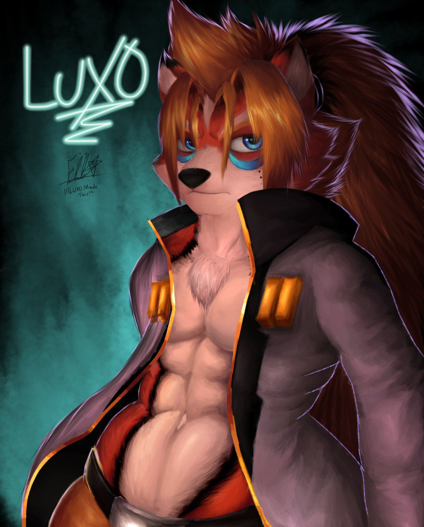 accessory anthro belt belt_buckle bottomwear canid canine chest_tuft clothed clothing fluffy fox fur fur_markings hair hair_accessory hair_tie hi_res iaian_luxo_fox jacket long_hair looking_at_viewer male mammal markings muscular neck_tuft pants partially_clothed presenting serious shirtless solo topwear tuft