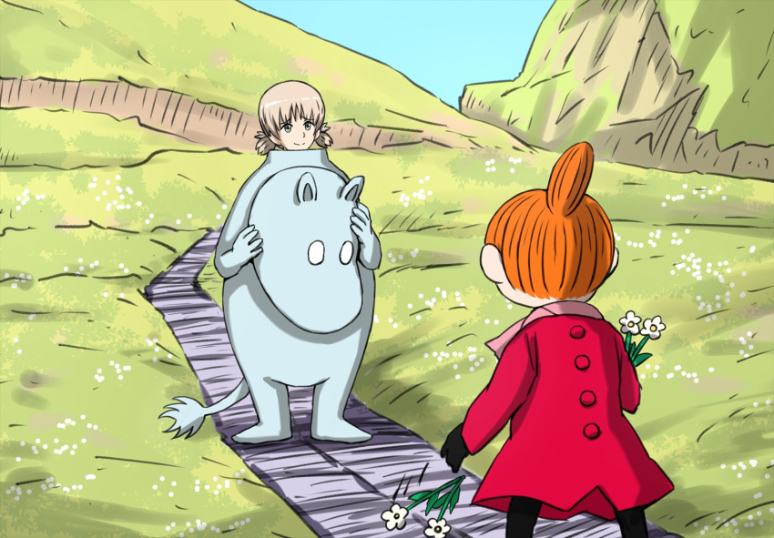 2girls aki_(girls_und_panzer) bangs black_gloves blue_sky coat commentary day flower girls_und_panzer gloves grass green_eyes hair_bun hair_tie highres holding holding_flower light_brown_hair little_my looking_at_another low_twintails mascot_costume moomin moomintroll motion_lines mountain multiple_girls omachi_(slabco) open_mouth outdoors path pink_scarf red_coat red_hair scarf short_hair short_twintails sky smile twintails