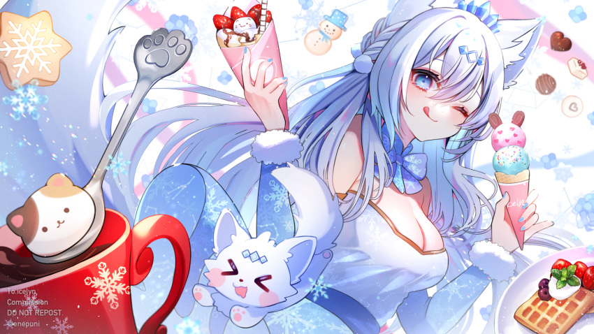 1girl animal_ears bangs bare_shoulders blue_hair blue_nails blueberry breasts character_request cleavage copyright_request crepe cup detached_sleeves eneru_(enepuni) eyebrows eyebrows_visible_through_hair fingernails food food_wrapper fox fox_ears fruit hair_between_eyes hair_ornament highres holding holding_food ice_cream ice_cream_cone licking_lips long_hair long_sleeves nail_polish one_eye_closed snowflakes spoon strawberry tongue tongue_out virtual_youtuber waffle whipped_cream