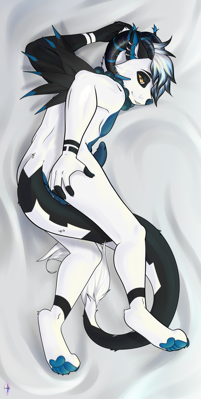 absurd_res anthro anus ass_up balls bed bed_sheet bedding big_tail blue_body blue_fur butt canid canine claws curved_horn dakimakura_design dakimakura_pose demon digital_drawing_(artwork) digital_media_(artwork) digital_painting_(artwork) erection fur furniture genitals hi_res hindpaw horn hybrid jewelry kadeki looking_at_viewer looking_back lying lying_on_bed male male/male mammal necklace nekrozs_(character) nude on_bed paws penis pinup pose presenting presenting_anus presenting_hindquarters provocative simple_background smile solo white_body white_fur yellow_eyes