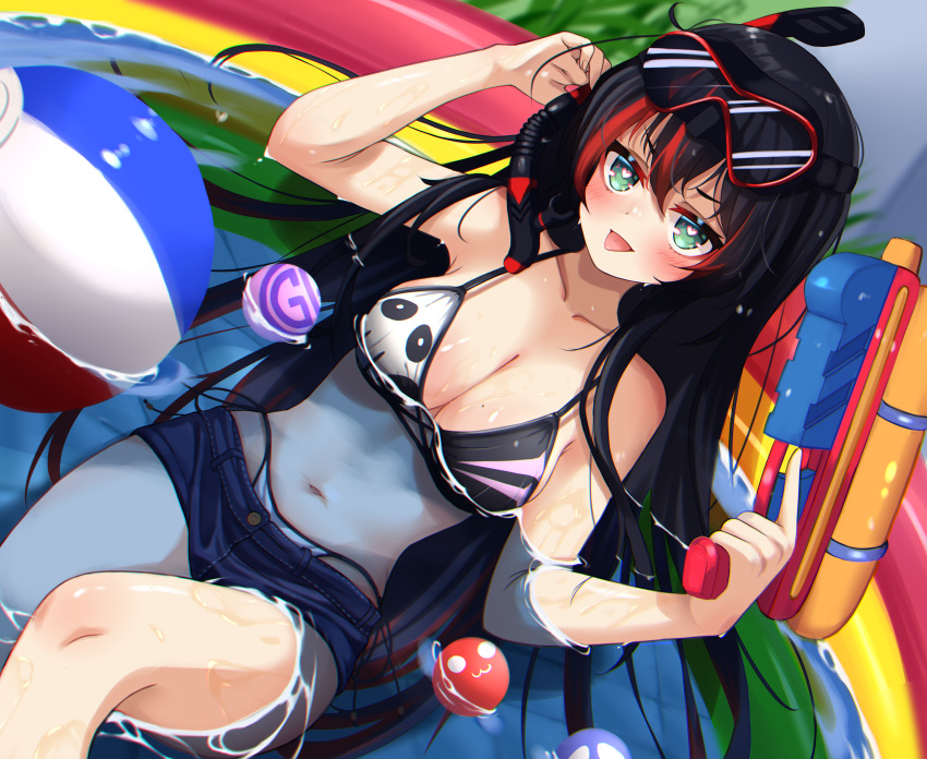 1girl absurdres ball beachball bikini black_bikini black_hair blush breasts c_turtle cleavage collarbone english_commentary goggles goggles_on_head green_eyes heart heart_in_eye highres holding holding_water_gun long_hair medium_breasts midriff mika_melatika mole mole_on_breast multicolored_hair navel nijisanji nijisanji_id partially_submerged sitting smile snorkel solo streaked_hair swimsuit symbol_in_eye tongue tongue_out virtual_youtuber wading_pool water water_gun wet white_bikini