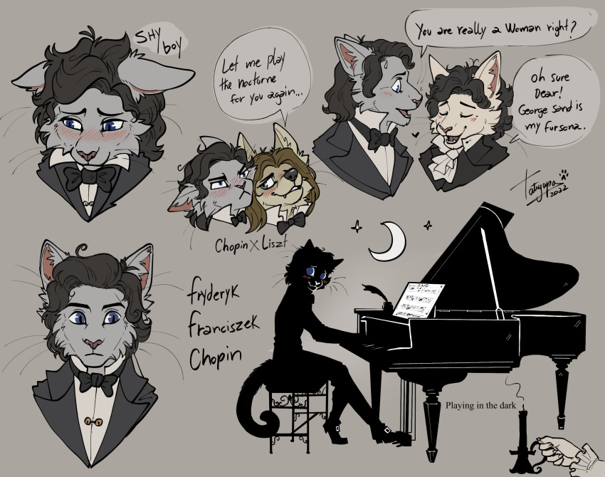 anthro blue_eyes canid canine canis chopin classy composer couple_(disambiguation) coyote domestic_cat felid feline felis fr&eacute;d&eacute;ric george_sand hi_res keyboard_instrument liszt male mammal moon musical_instrument musician pianist piano shy tatujapa vintage