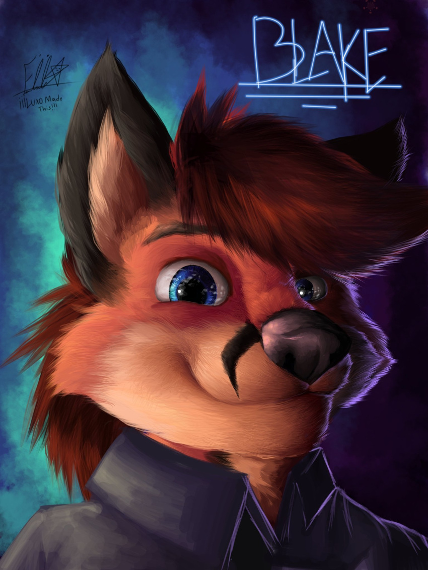 anthro big_nose blakethefox(character) canid canine close-up clothed clothing collar_shirt complex_shading fluffy fox fur fur_markings hair happy headshot_portrait hi_res iaian_luxo_fox long_hair looking_at_viewer male mammal markings neck_tuft portrait simple_background smile solo sparkling_eyes tuft