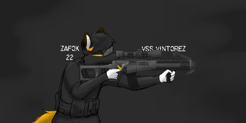 anthro canid canine fox fur hi_res male mammal orange_body orange_fur ranged_weapon weapon zafox_id