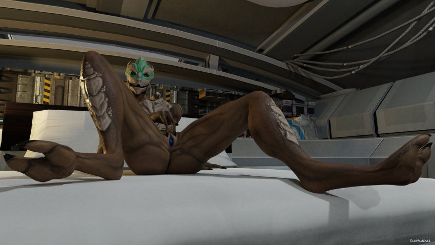 3_fingers 3d_(artwork) alien bed blue_pussy box cables ceiling container crate digital_media_(artwork) digitigrade female fingers fingers_spread furniture genitals hi_res mass_effect muscle_tone on_bed pussy scoota skin_plating solo spread_legs spread_pussy spreading turian valenea_oroso video_games
