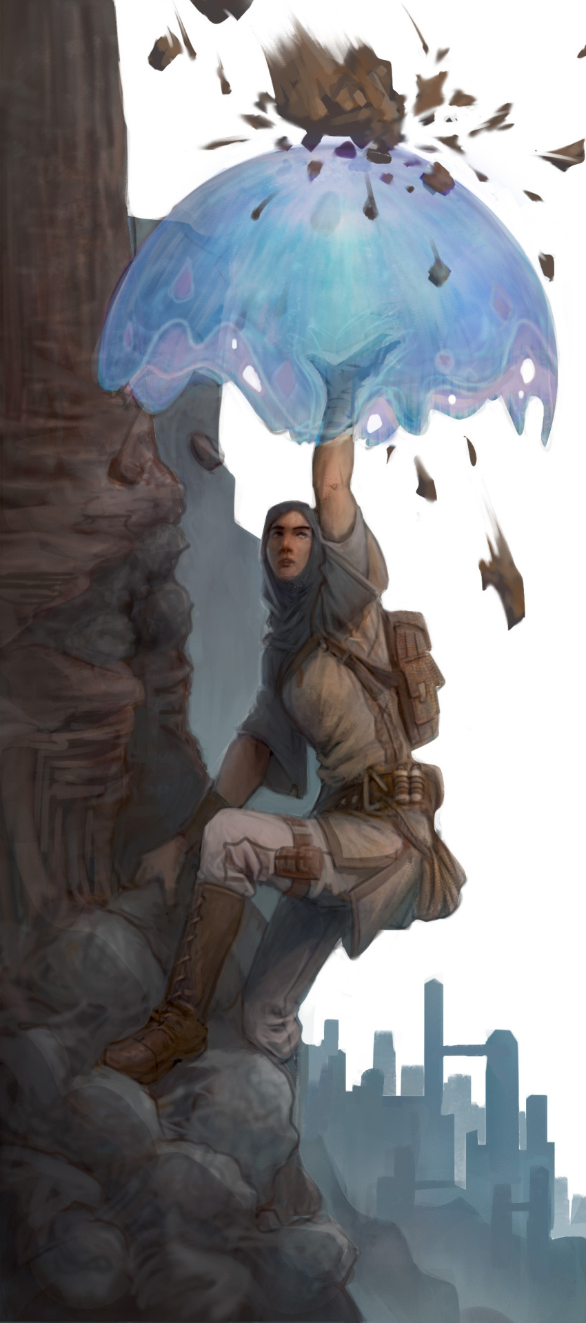 1girl absurdres backpack bag barrier boots cityscape climbing dungeons_and_dragons english_commentary falling_rock fantasy full_body head_scarf highres magic mountain_climbing original outdoors pants pouch solo white_pants zhjake