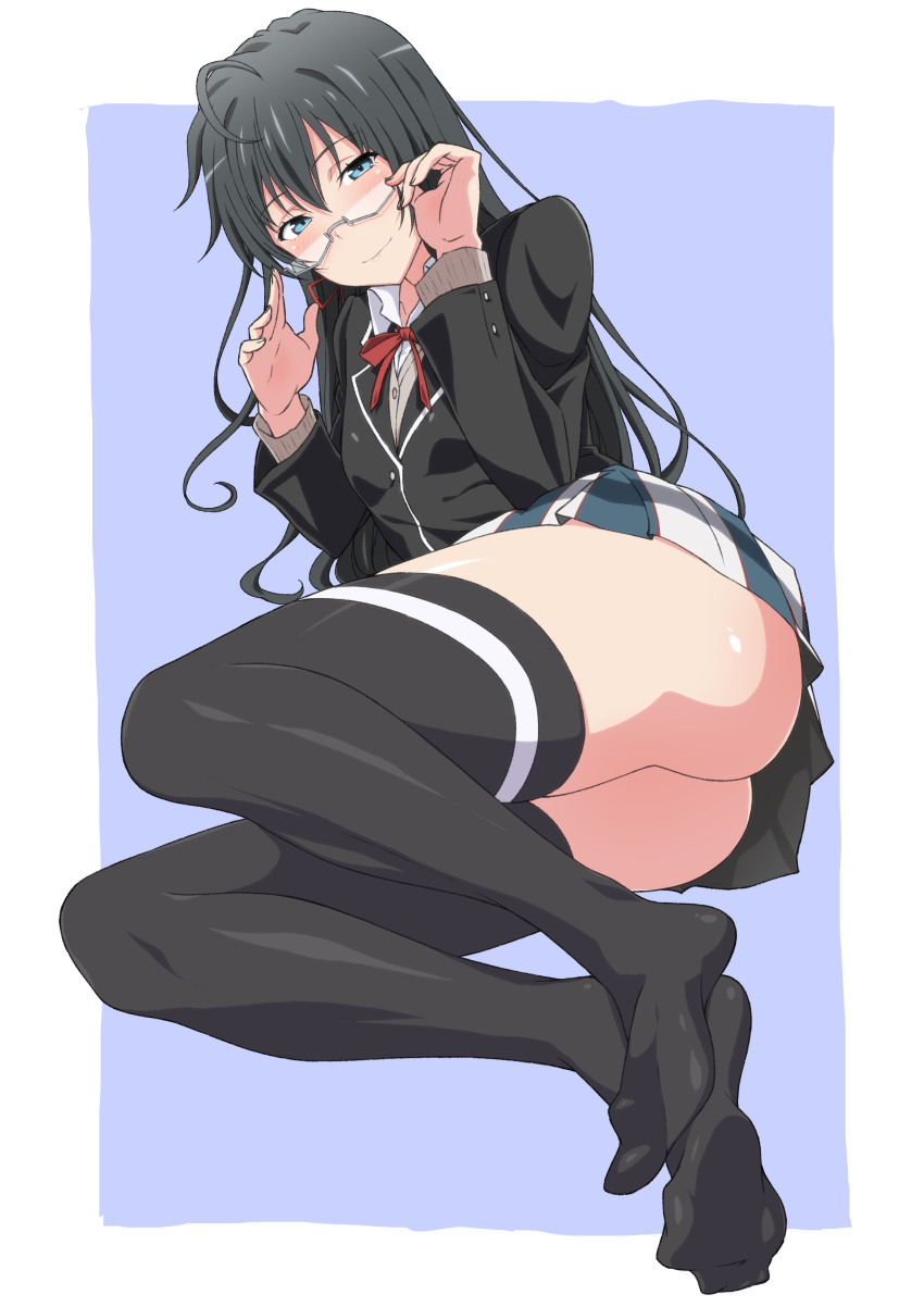 1girl absurdres ahoge ass black_hair black_jacket black_legwear blazer blue_eyes blush border closed_mouth collared_shirt full_body glasses hair_ribbon hand_on_eyewear highres jacket long_hair looking_at_viewer lying miniskirt neck_ribbon no_shoes on_side pleated_skirt ribbon school_uniform shirt shou937 skindentation skirt smile sobu_high_school_uniform soles solo straight_hair thighhighs thighs tress_ribbon white_border yahari_ore_no_seishun_lovecome_wa_machigatteiru. yukinoshita_yukino zettai_ryouiki