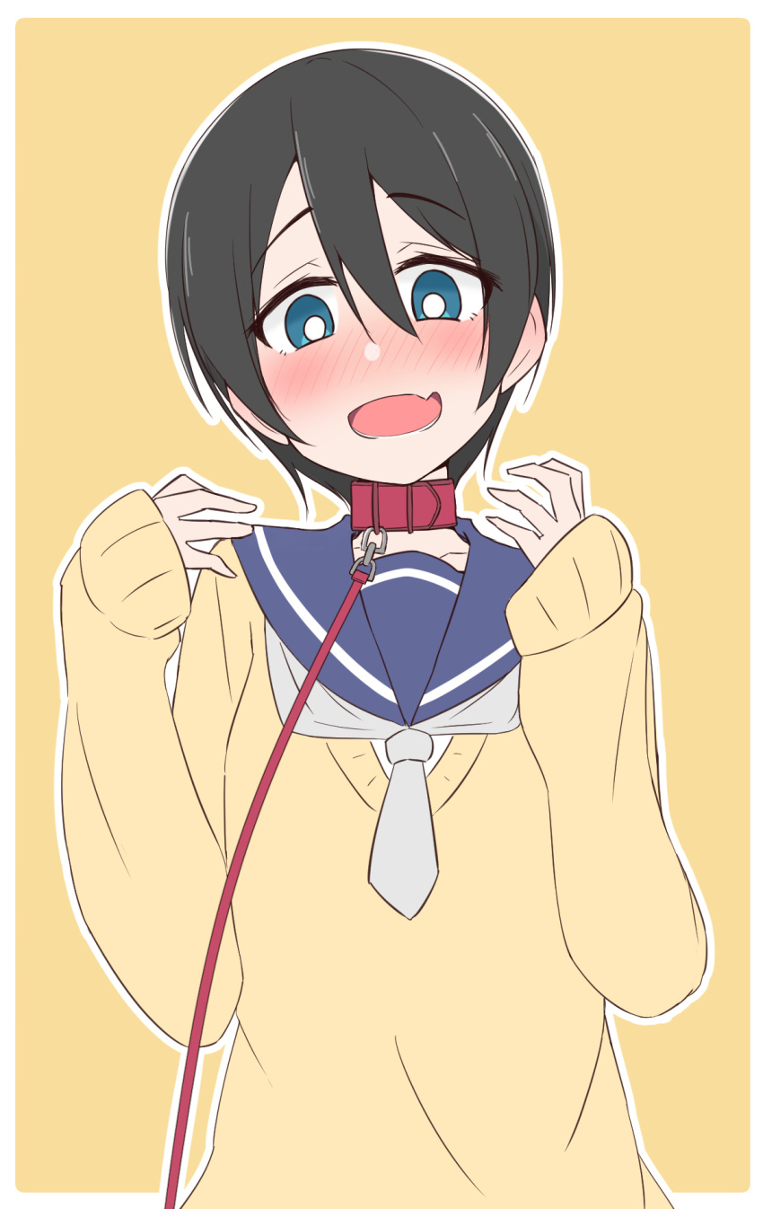 1girl ame_(amechan17391739) black_hair blue_eyes blush bright_pupils collar fang highres leash sailor_collar saitou_ena school_uniform short_hair simple_background skin_fang solo white_pupils yurucamp