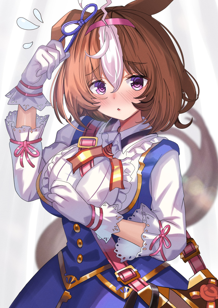 1girl absurdres ame_sagari animal_ears blue_dress blush breasts brown_hair dress gloves hair_between_eyes hairband highres horse_ears horse_girl horse_tail large_breasts looking_at_viewer medium_hair meisho_doto_(blue/raging)_(umamusume) meisho_doto_(umamusume) multicolored_hair open_mouth pink_hairband purple_eyes shirt solo tail two-tone_hair umamusume white_gloves white_hair white_shirt
