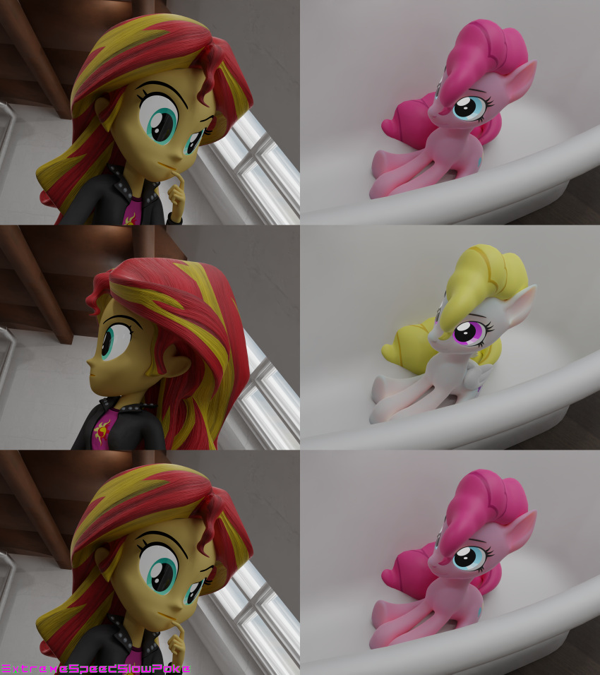 3d_(artwork) absurd_res bathtub big_head blue_eyes digital_media_(artwork) earth_pony equestria_girls equid equine extremespeedslowpoke female friendship_is_magic hasbro hi_res horse human mammal my_little_pony pegasus pink_eyes pinkie_pie_(mlp) pony sunset_shimmer_(eg) surprise_(pre-g4) wings