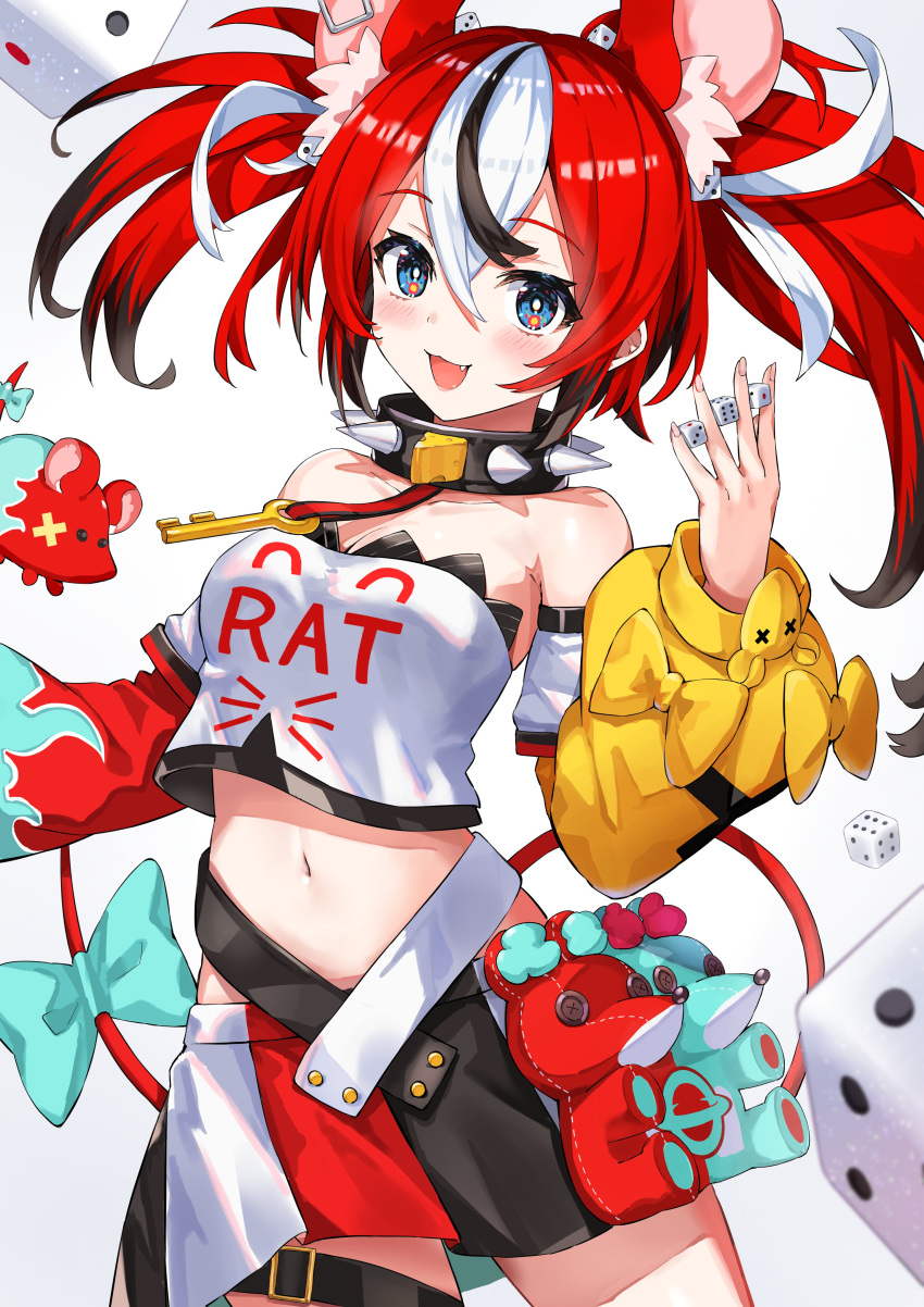 1girl absurdres animal_ears asymmetrical_sleeves between_fingers blue_eyes bow chacha_zo collar detached_sleeves dice hakos_baelz highres hololive hololive_english midriff miniskirt mouse_ears mouse_tail mr._squeaks_(hakos_baelz) multicolored_hair navel red_hair skirt spiked_collar spikes tail tail_bow tail_ornament twintails virtual_youtuber
