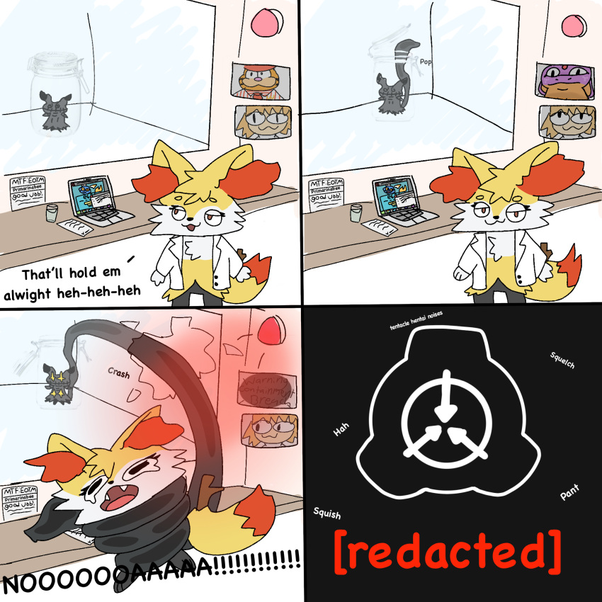 4koma :3 alarm ambiguous_gender anthro braixen brown_eyes canid canine censored chest_tuft clothed clothing coat comic computer container dialogue duo e621 english_text esix female fox fur garfield_(series) garfield_the_cat glass glass_container hair heca_g hecate_(heca_g) hi_res intersex intersex/female jar keeshee lab_coat laboratory laptop looking_at_another looking_at_viewer mammal mascot mimikyu monitor neco-arc nintendo onomatopoeia orange_body orange_fur paper partially_clothed pok&eacute;mon pok&eacute;mon_(species) restrained scp_foundation screaming short_hair sound_effects stick tentacle_bondage tentacle_monster tentacles text topwear tuft video_games white_body white_fur window yellow_body yellow_fur