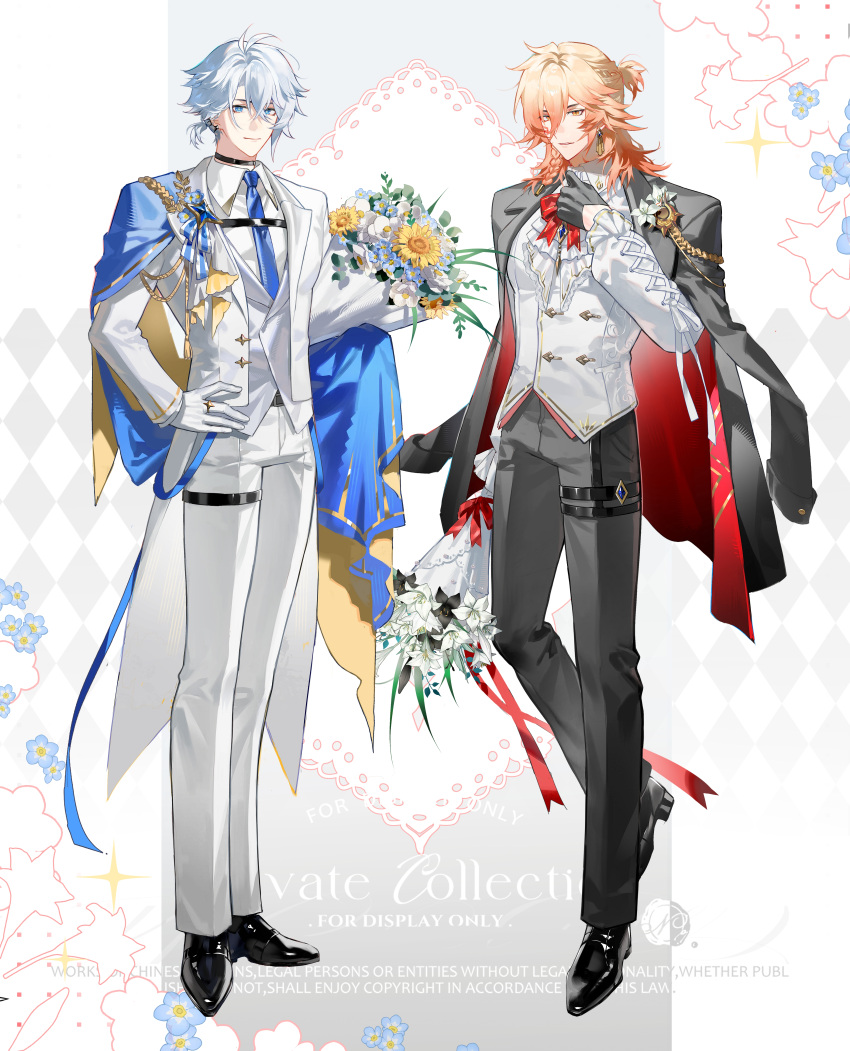 2boys absurdres antenna_hair black_choker black_gloves black_jacket black_pants black_shoes blonde_hair blue_cape blue_eyes blue_necktie bouquet braid cape chest_strap choker collared_shirt earclip earrings facial_tattoo gloves gold_earrings gradient_hair half_gloves highres holding holding_bouquet honkai:_star_rail honkai_(series) jacket jacket_on_shoulders jewelry male_focus medium_hair multicolored_hair multiple_boys mydei_(honkai:_star_rail) neck_tattoo necktie open_clothes open_jacket pants parted_bangs phainon_(honkai:_star_rail) ponytail red_hair red_tattoo shirt shoes short_hair side_braid suirandanshihao tattoo watermark white_hair white_pants white_shirt yellow_eyes