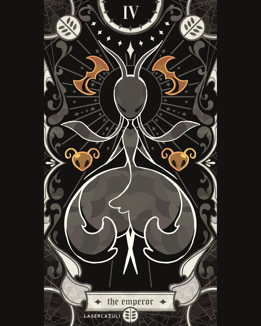 1girl absurdres ant_girl antennae arthropod_girl artist_name black_skin boomerang card_(medium) colored_skin dress english_commentary english_text full_body highres hollow_knight hollow_knight:_silksong laserlazuli pillarboxed silk skarrsinger_karmelita_(hollow_knight) solo spider_web spot_color tarot tarot_(medium) the_emperor_(tarot) weapon