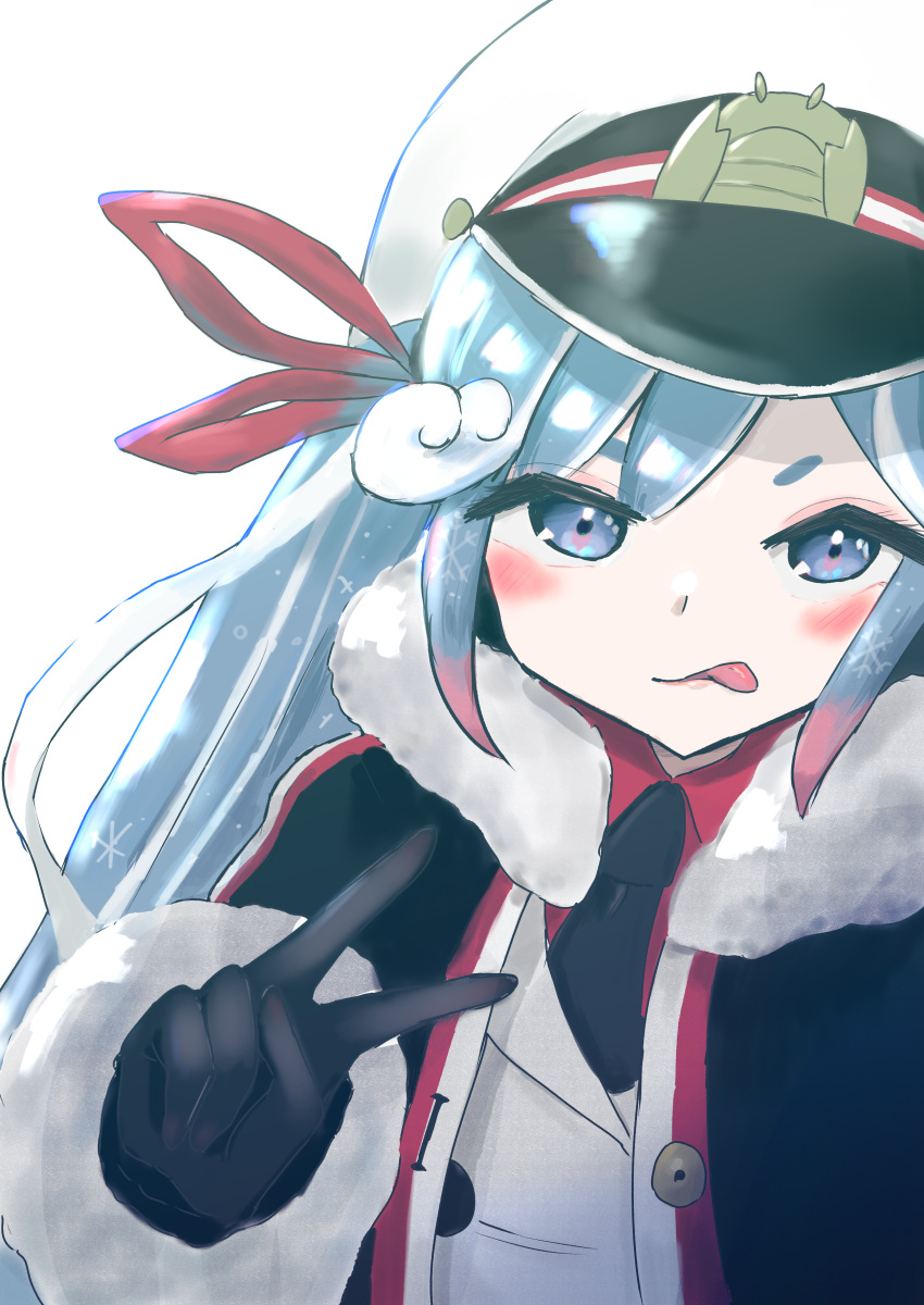 1girl :p absurdres black_coat black_gloves black_necktie buttons coat commentary dip-dyed_hair double-breasted fur-trimmed_coat fur_trim ganasuta gloves hair_ribbon hat hatsune_miku highres jacket light_blue_eyes light_blue_hair long_hair looking_at_viewer military military_uniform multicolored_hair naval_uniform necktie peaked_cap red_hair red_ribbon red_shirt ribbon shirt snowflake_print solo tongue tongue_out two-tone_hair uniform upper_body v vocaloid wavy_hair white_background white_headwear white_jacket yuki_miku yuki_miku_(2022)