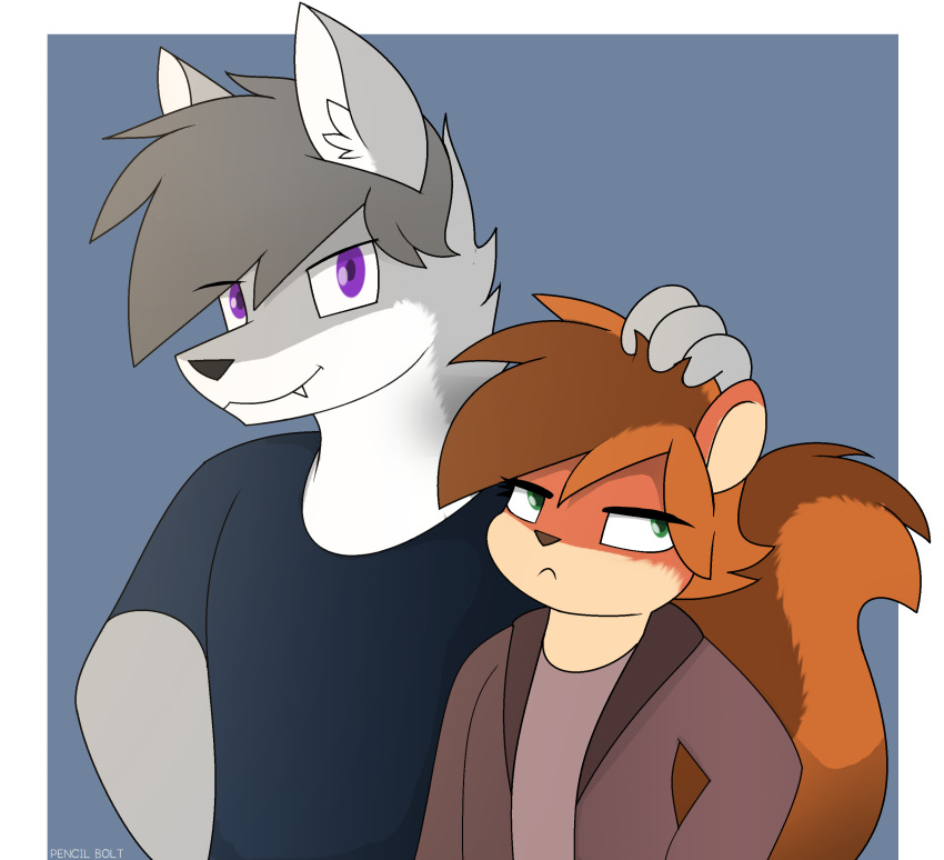 absurd_res angry anthro canid canine canis clothed clothing duo female green_eyes head_grab hi_res looking_at_viewer looking_up male male/female mammal pencil_bolt purple_eyes red_beans_(pencil_bolt) rodent sciurid standing teeth_showing tomboy tony_carrino_(pencil_bolt) wolf