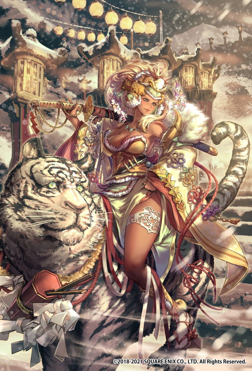 1girl absurdres animal bare_shoulders blonde_hair breasts cleavage company_name copyright dark-skinned_female dark_skin detached_sleeves dress green_eyes hair_ornament hair_stick hand_on_hip hand_up highres holding holding_sword holding_weapon jewelry kaburagi_yasutaka katana large_breasts light_smile lips long_hair looking_afar multicolored_hair night official_art outdoors over_shoulder pink_hair riding romancing_saga romancing_saga_re;universe saga scabbard sheath sheathed sleeves_past_wrists snow snowing strapless strapless_dress sword tiger very_long_hair watermark weapon weapon_over_shoulder white_tiger wide_sleeves wind