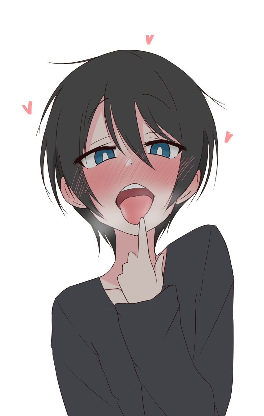 1girl absurdres ame_(amechan17391739) black_hair blue_eyes blush bright_pupils heart highres messy_hair open_mouth pointing pointing_at_self saitou_ena short_hair solo tongue tongue_out upper_body visible_air white_background white_pupils yurucamp