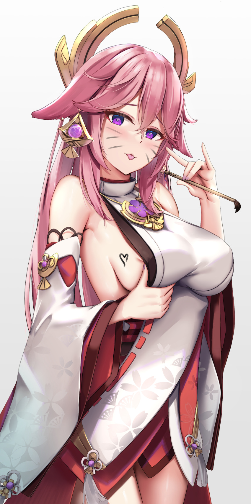 1girl absurdres animal_ears bangs bare_shoulders blush breasts detached_sleeves fox_ears genshin_impact hair_ornament highres japanese_clothes jewelry kimono large_breasts long_hair looking_at_viewer necklace pendant pink_hair purple_eyes red_skirt sideboob sidelocks skai_kun skirt sleeveless sleeveless_kimono smile solo thighs tongue tongue_out very_long_hair white_kimono wide_sleeves yae_(genshin_impact)