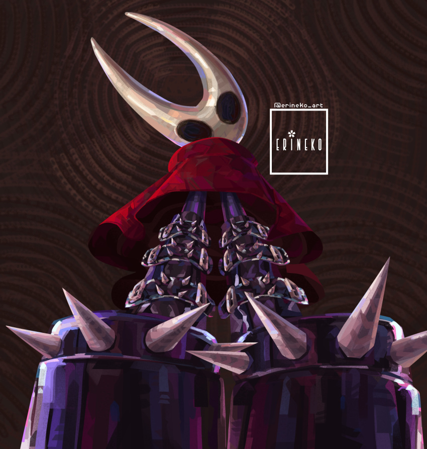 arthropod black_clothing black_footwear cloak clothed clothing erineko footwear hi_res hollow_knight_(franchise) hornet_(hollow_knight) looking_at_viewer low-angle_view red_cloak red_clothing spiked_clothing spiked_footwear spikes team_cherry white_head