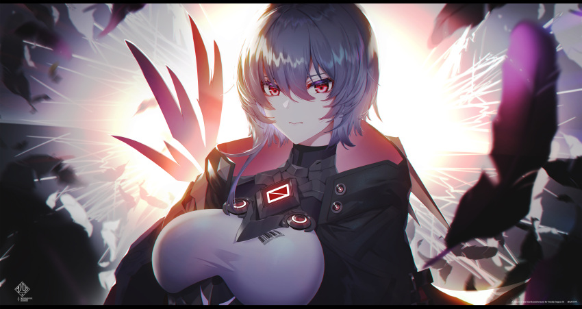 1girl absurdres bangs black_bodysuit black_cape black_hair bodysuit breasts cape closed_mouth feathers hair_between_eyes highres honkai_(series) honkai_impact_3rd looking_at_viewer nonaginta_novem purple_eyes raven_(honkai_impact_3rd) short_hair solo