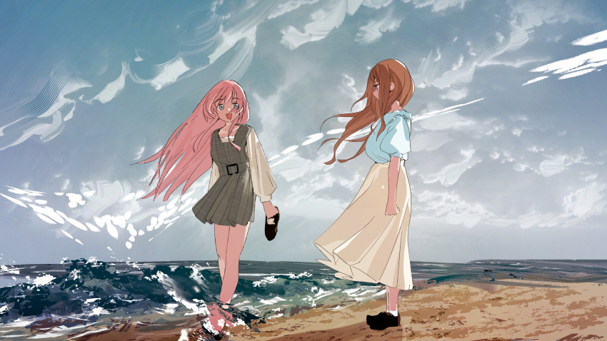 2girls bang_dream! bang_dream!_it's_mygo!!!!! beach blue_shirt blush brown_hair brown_skirt chihaya_anon commentary day dress fang floating_hair grey_dress grey_eyes hashtag-only_commentary highres holding holding_shoes holding_unworn_clothes long_hair multiple_girls nagasaki_soyo ocean open_mouth outdoors peke_(pekeiscat) pink_hair plaid_clothes plaid_dress pleated_dress purple_eyes shirt shoes short_sleeves skirt unworn_shoes
