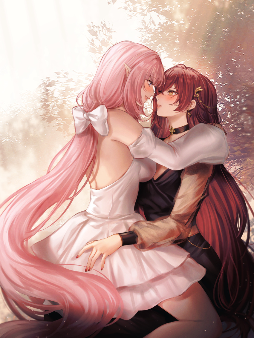 2girls absurdres black_dress blush bow choker commission commissioner_upload couple dress eden_(honkai_impact) elf elysia_(honkai_impact) eye_contact face-to-face from_side hair_bow hair_ornament hand_on_another's_shoulder hand_on_another's_waist highres honkai_(series) honkai_impact_3rd long_hair looking_at_another multiple_girls nail_polish open_mouth pink_hair pointy_ears sitting sitting_on_lap sitting_on_person skeb_commission smile sunlight very_long_hair white_bow white_dress yellow_eyes yuli_(yulipo) yuri