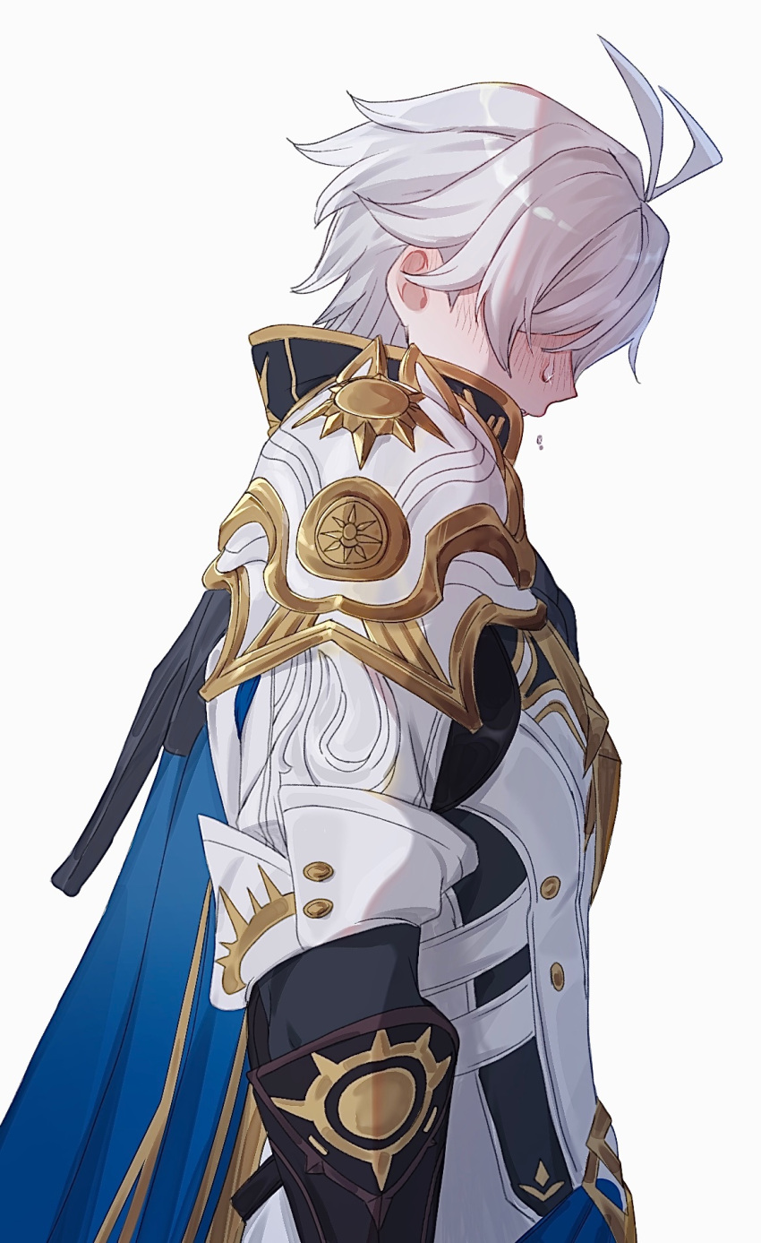 1boy armor belt blue_cape blush cape coat covered_eyes crying grey_hair hair_between_eyes highres honkai:_star_rail honkai_(series) male_focus pauldrons phainon_(honkai:_star_rail) profile short_hair shoulder_armor simple_background single_pauldron solo standing takoyannnn000 white_background white_coat