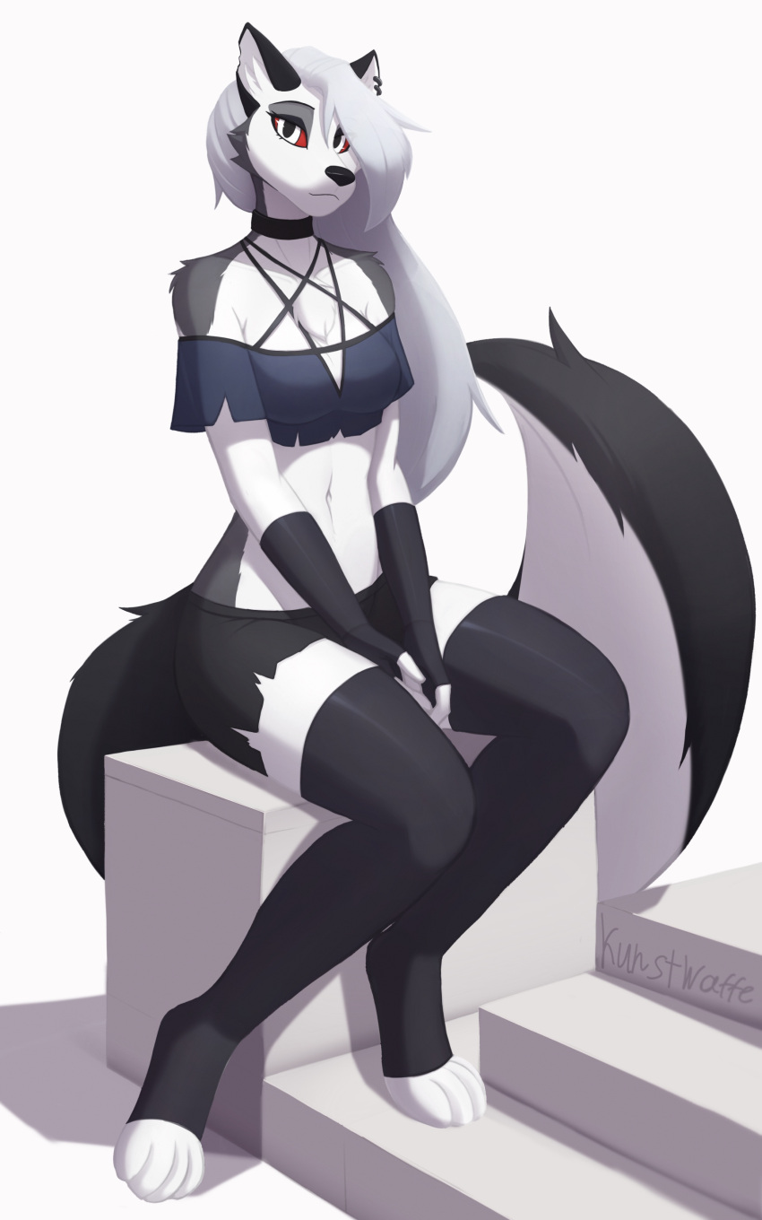 absurd_res anthro canid canid_demon clothing collar demon ear_piercing female fingerless_gloves fur gloves grey_body grey_fur grey_hair hair handwear hellhound helluva_boss hi_res kunstwaffe legwear loona_(helluva_boss) mammal piercing solo thigh_highs