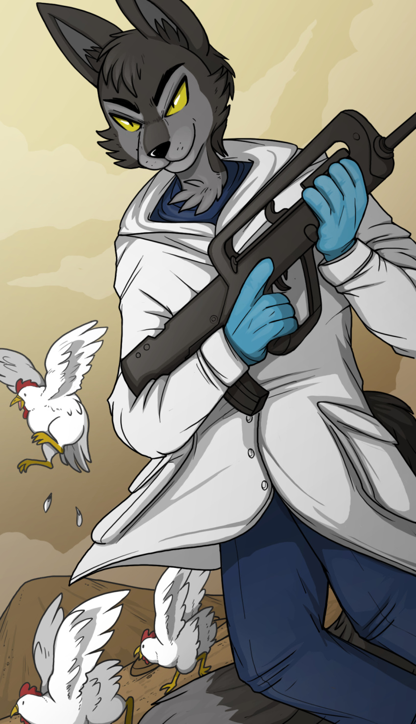 anthro assault_rifle avian bent_legs big_ears big_tail bird black_body black_fur blue_bottomwear blue_clothing blue_gloves blue_handwear blue_pants blue_shirt blue_topwear bottomwear canid canine canis cheek_tuft chicken clothing cloud coat desert eyebrows facial_tuft famas feral fluffy fluffy_tail flying fur galliform gallus_(genus) gloves grey_body grey_fur gun hachimakiyaki handwear head_tuft hi_res hill hybrid janusz lab_coat magazine_(gun) male mammal markings medical_gloves mouth_closed neck_tuft outside pants phasianid ranged_weapon rifle running shirt smug smug_expression solo standing sunset tail tail_markings topwear trigger_discipline tuft undershirt weapon white_clothing wolf wolfdog yellow_eyes