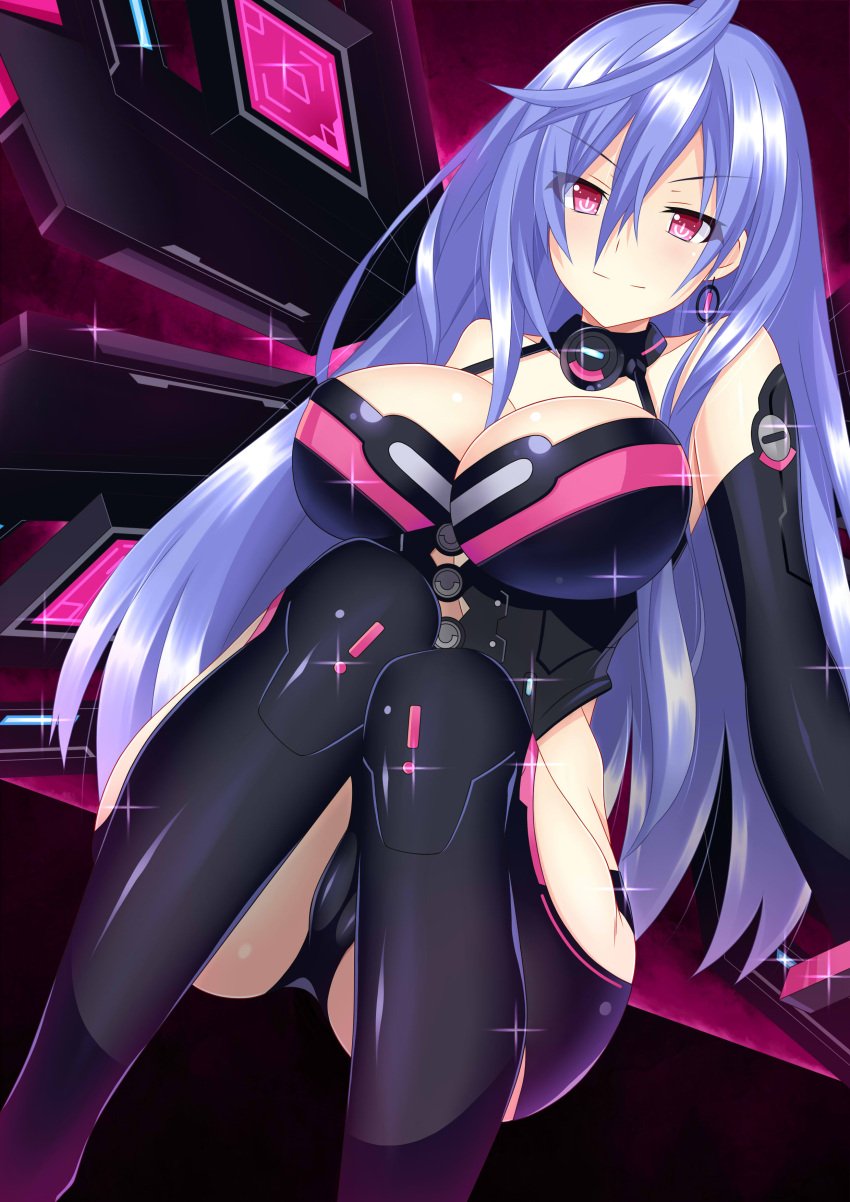 1girl absurdres blue_hair blush breasts earrings elbow_gloves eyebrows_visible_through_hair gloves hair_between_eyes hatsune_haruka highres iris_heart jewelry kami_jigen_game_neptune_v large_breasts long_hair navel neptune_(series) pink_eyes power_symbol solo symbol-shaped_pupils